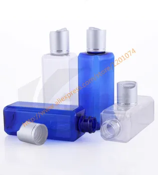 

100ml clear/blue square PET bottle with matte silver aluminum disc lid,essential oil/liquid/moisturizer/facial water container