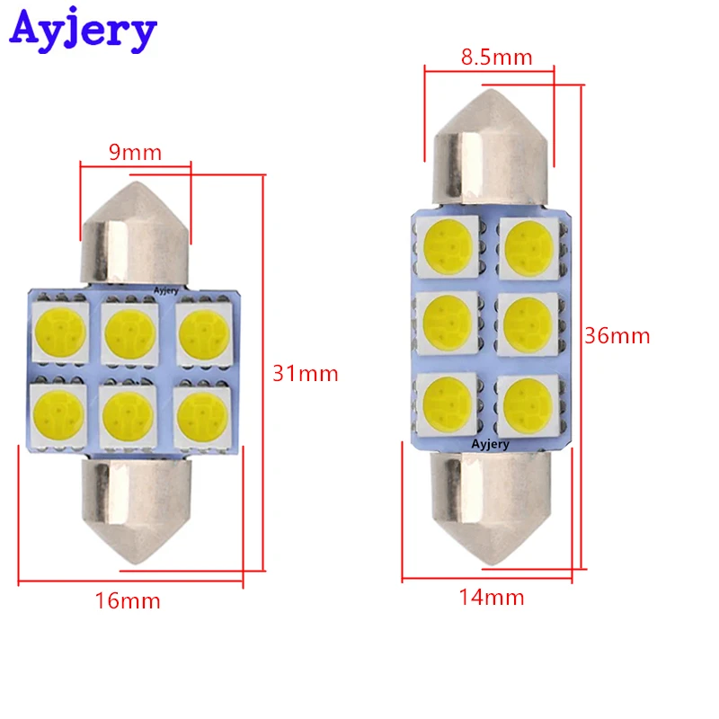 AYJERY 800pcs White Festoon 5050 SMD 6 LED 31mm/36mm/39mm/41mm C5W Car Led Auto Interior Dome Light Pathway Light 12V Car Light