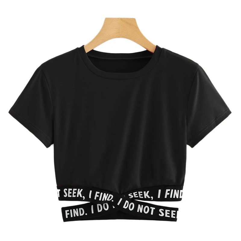 SweatyRocks женский короткий топ с контрастным слоганом крест-накрест на талии летние топы Асимметричный Подол короткий рукав женская футболка