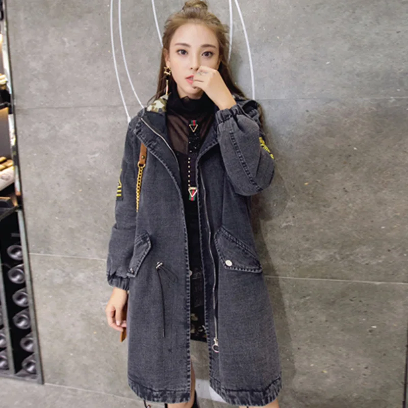 denim black Зимняя куртка Женская Новая Модная Тонкая джинсовая верхняя одежда свободная с длинным рукавом большой меховой воротник с капюшоном джинсовая куртка женская DD259 - Цвет: denim black