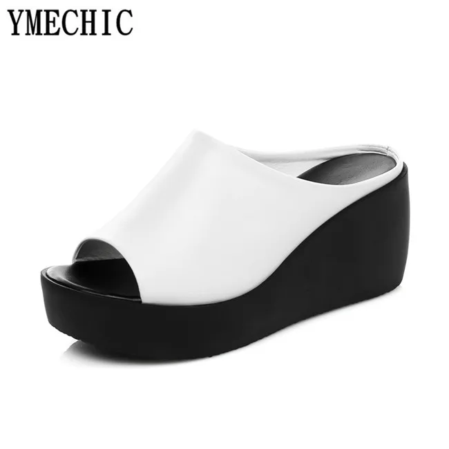 YMECHIC модная женская обувь на платформе летние туфли из натуральной кожи открытый носок танкетке женские туфли без задника черный белые шлепанцы Тапочки