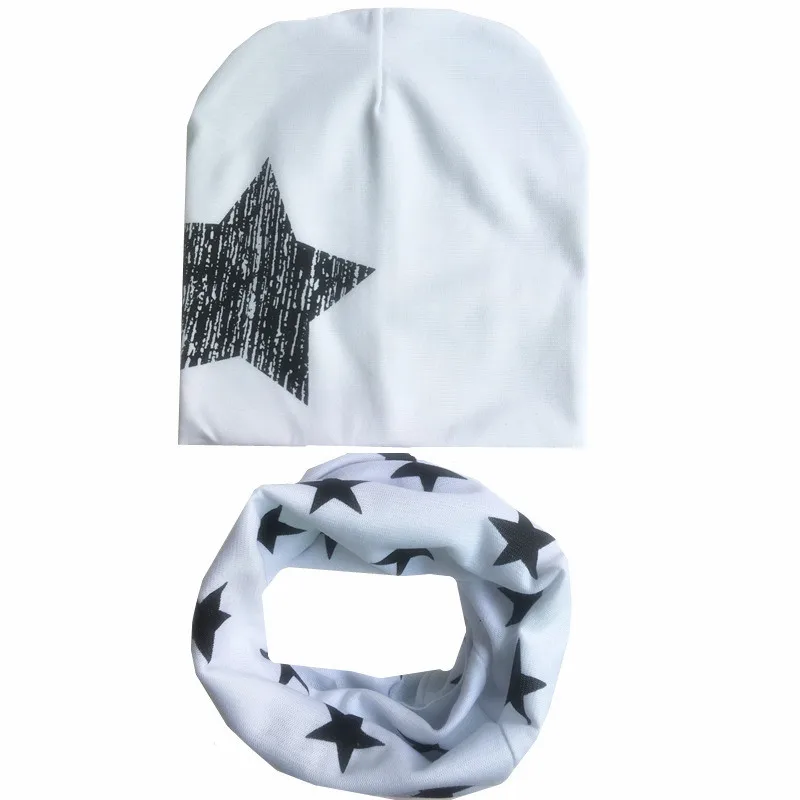 white one star Хлопковый прошитый шарф со звездами, шапка для мальчиков и девочек, детские шапки, зимние теплые детские шапки, комплекты с воротником, модные шапки-унисекс - Цвет: white one star