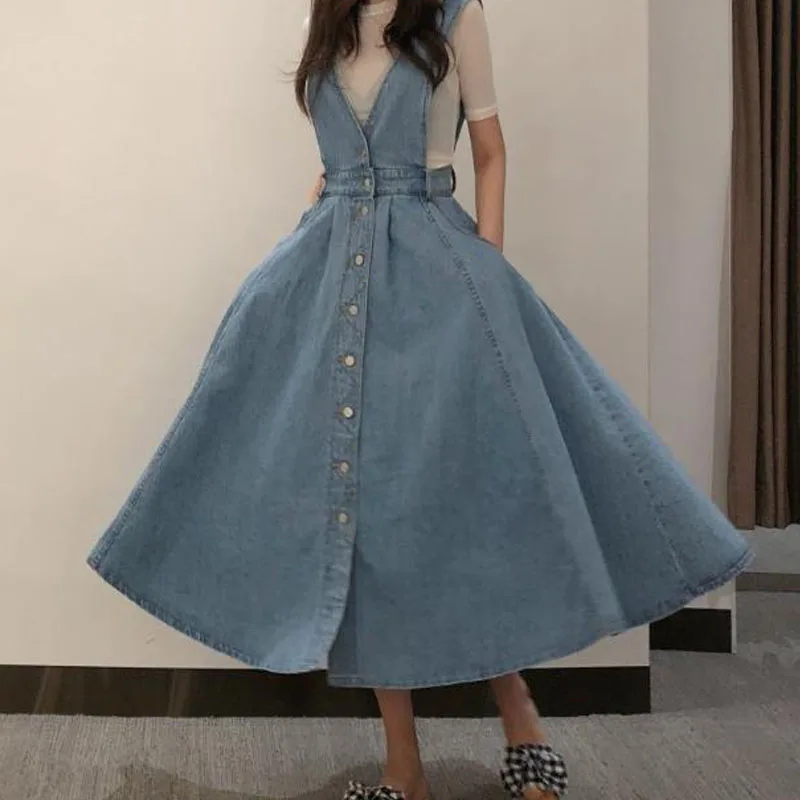 

LISM Korean Long A Line Women Denim Dress Vestido Deep V Neck Single Button Swing High Waist Jean Overalls Backless Summer Dress