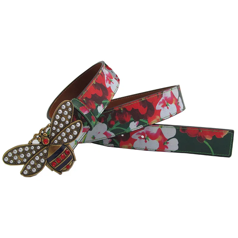 

Fashion Women Leather Flower Print Belt Lady Pearl Rhinestone Bee Buckle Lady Belt