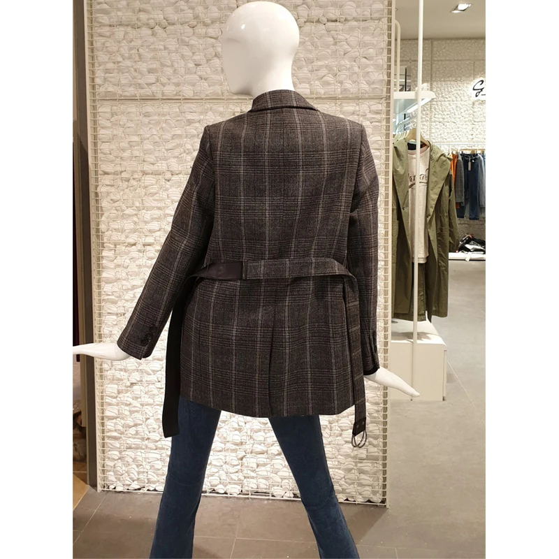 Весна и осень корейской моды с лацканами длинными рукавами в стиле ретро lacingPlaid
