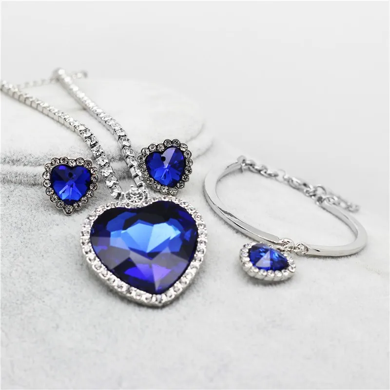 Модное ожерелье, серьги, темно-синие Австрийские хрустальные стразы, океанское голубое сердце, кулон, Женские Ювелирные наборы k148