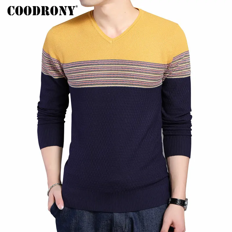 

COODRONY 2018 New Arrival Hit Color Striped Patchwork Pullover Men V-Neck Pull Homme Casual Knitted Cotton Wool Sweater Top 6646