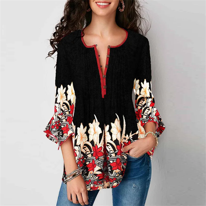 2019 Spring and autumn Long Sleeve Floral Print V-neck Womens V Neck Short Sleeve Curved Hem Tie Dye Business Tunic Blouse