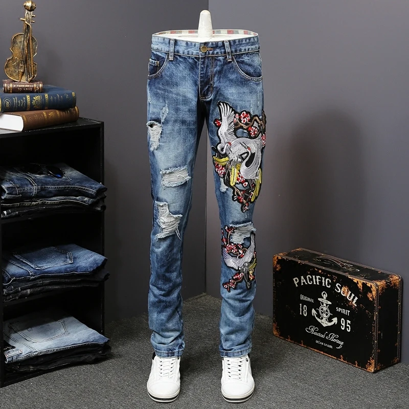 Aliexpress.com : Buy Luxury Embroidery Jeans Ripped Hole Jeans Male ...