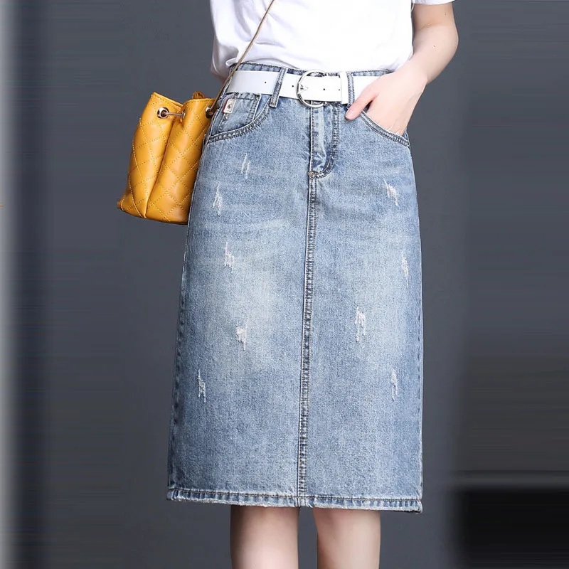 Женская джинсовая юбка-карандаш до колена с высокой талией и поясом, модная летняя уличная одежда, винтажная джинсовая юбка с разрезом, женская синяя юбка