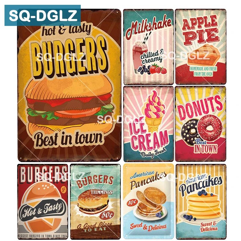 

[SQ-DGLZ]BURGERS Metal Sign Bar Wall Decor Donuts Tin Sign Vintage Apple Pie Painting Ice Cream Plaques Milkshakes Art Poster