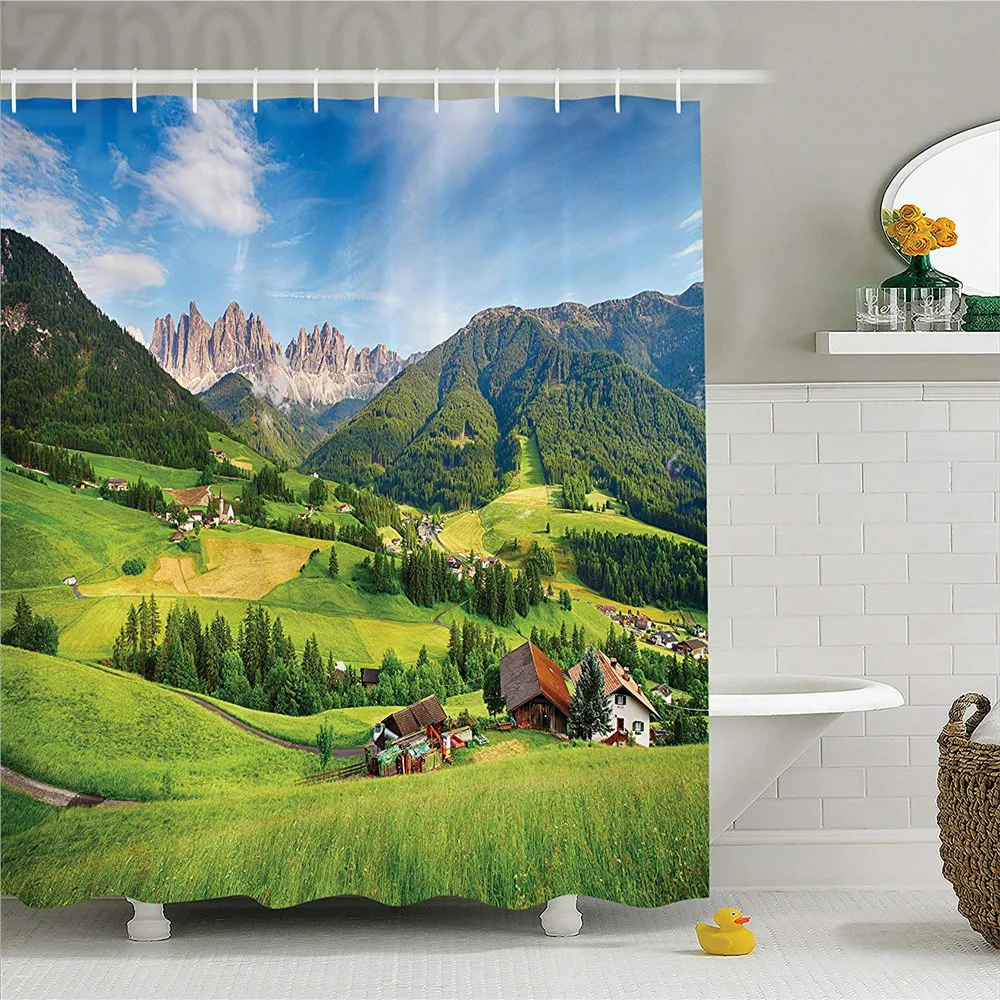 

Nature Landscape Decor Shower Curtain Set, Alps in The Spring With Fresh Grass Sky And Majestic Mountains Mage Art Decor, Bathro