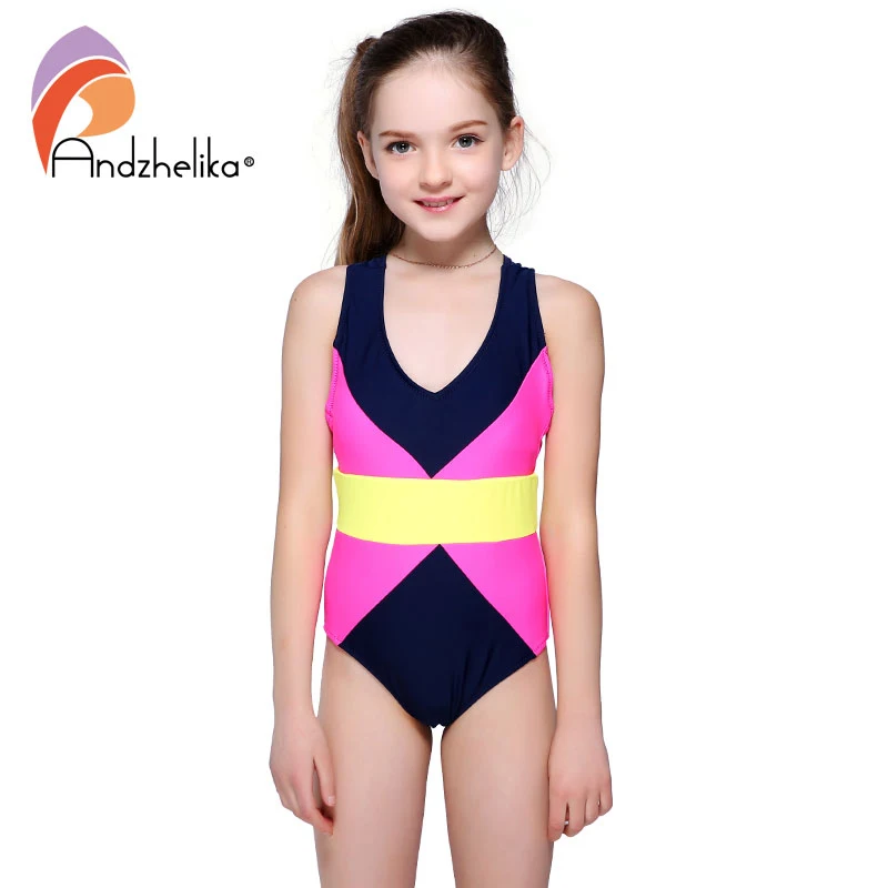 

Andzhelika 2018 Girls Sports Swimsuit One-piece Swimwear Multi Color Patchwork Beach Bodysuit Swim Suit For Girl Monokini