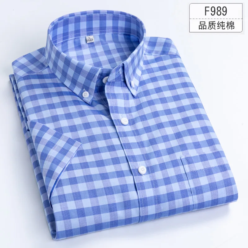 Baratos De talla grande 5XL 6XL 7XL 8XL Pure Solid Color Plaid 100% algodón Delgado manga corta hombres camisa Casual moda ajuste Delgado blanco azul
