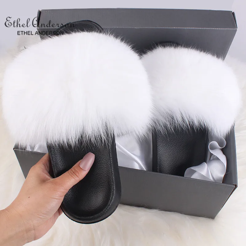 White Fox Fur ; тапочки с натуральным лисьим мехом; шлепанцы; сезон лето; Вьетнамки высокого качества; мягкие босоножки с мехом енота - Цвет: White Fox Fur