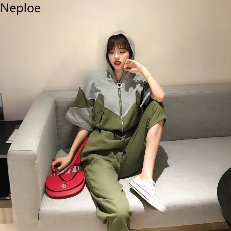 

Neploe Contrast Color One Piece Jumpsuits 2019 Summer Rompers For Women Hoody Loose Zipper Drawstring Pants Playsuits 52287