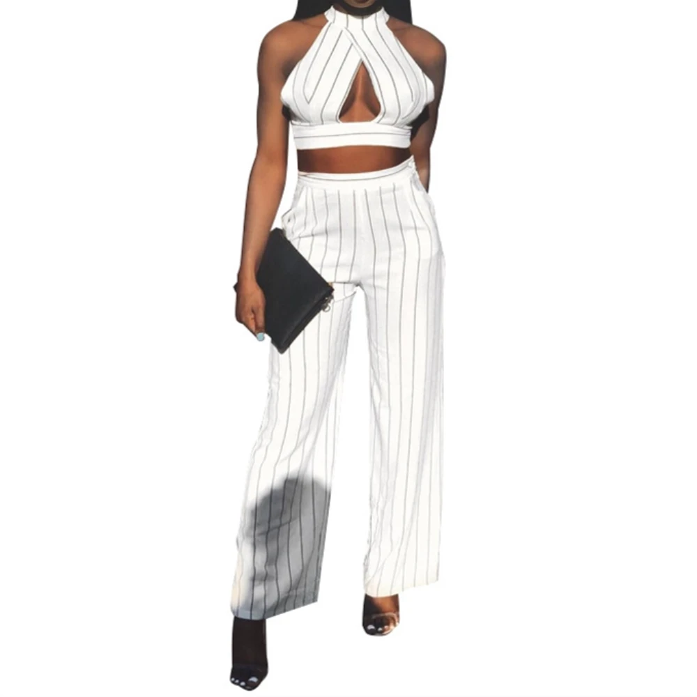 Black White Striped Two Piece Set Women Sexy Halter Backless Hollow Out Crop Top And Wide Leg Trouser Office Lady 2 Piece Outfit