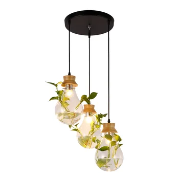 

JINLE Brief creative soild wood glass Potted plant pendant lights bedside decoration droplight dining room green LED lighting