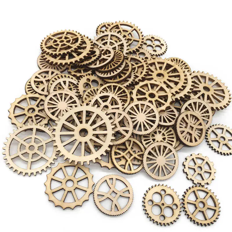 

50pcs/Bag Mixed Wheel Gear Pattern Natural Wooden Scrapbooking Hollow Craft For Home Decoration Wood Embellishments DIY Chips