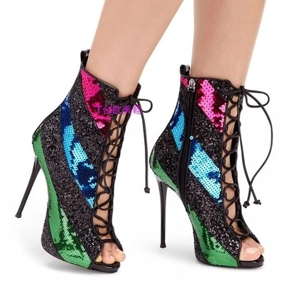

Women Sexy Bling Bling Mixed Color Pep Toe Ankle Boots Hot Selling Lace-up Women Autumn Boots Tight High Boots Plus Size