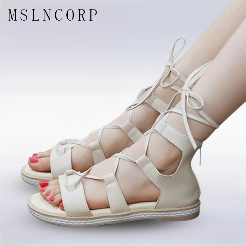 

Plus Size 34-43 Women Summer White Sandals Open Toe Gladiator Sandals Women Casual Lace Up Platform Roman Platform Sandals Boots