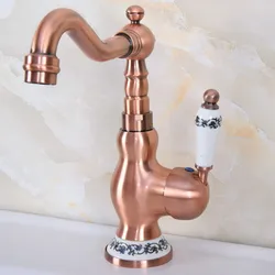 Antique Red Copper Brass Ceramic Base Kitchen Wet Bar Bathroom Vessel Sink Faucet Single Hole Swivel Spout Mixer Tap anf639