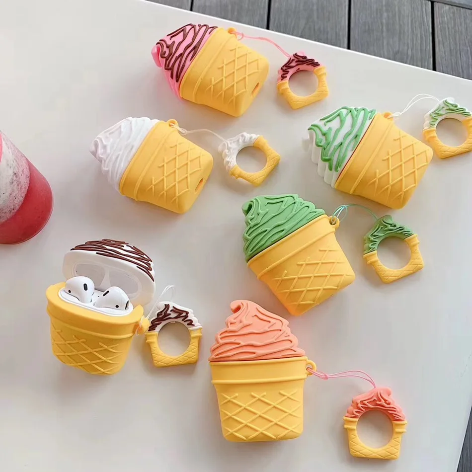 

For AirPods Case Cute Cartoon 3D Ice Cream Earphone Case For Apple Airpods 2 Silicone Protect Cover with Finger Ring Strap