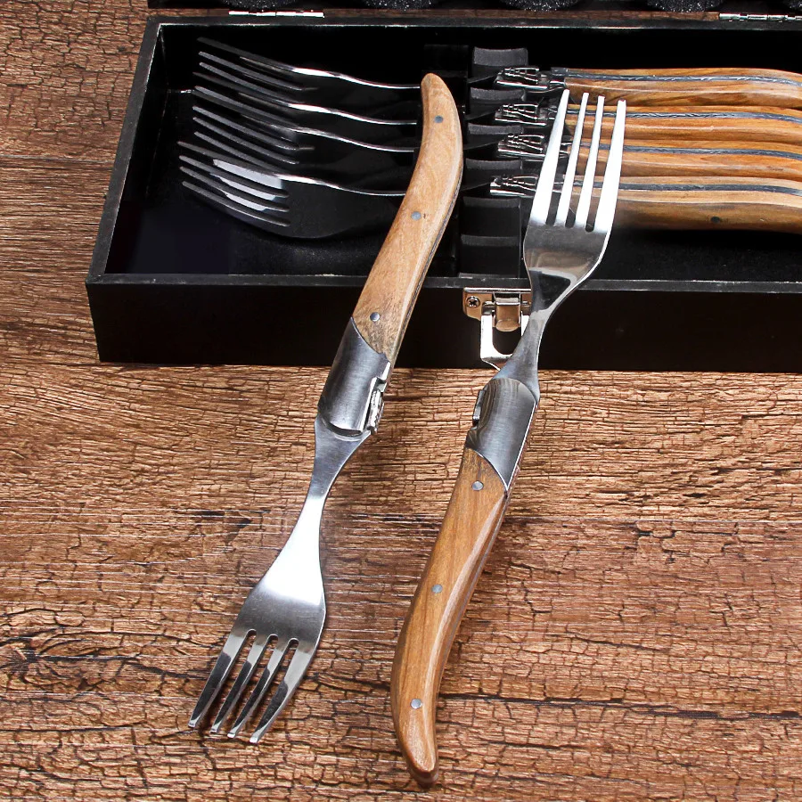 

High End 6-piece Laguiole style stainless steel steak fork set with olive wood handle tableware sets