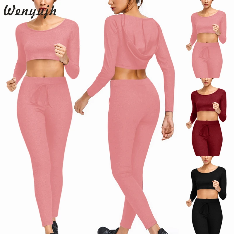 

Wenyujh 2019 Sexy Navel Pencil Feet Pants Women Yoga Set Tracksuit Gym Jogging Sportswear Running Leggings Sport Fitness Suit