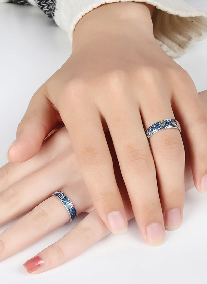 Qevila 2019 Fashion Personalized Rings Customized Van Gogh Enamel Ring 925 Sterling Silver Gold Moon Star Canvas Rings for women (15)