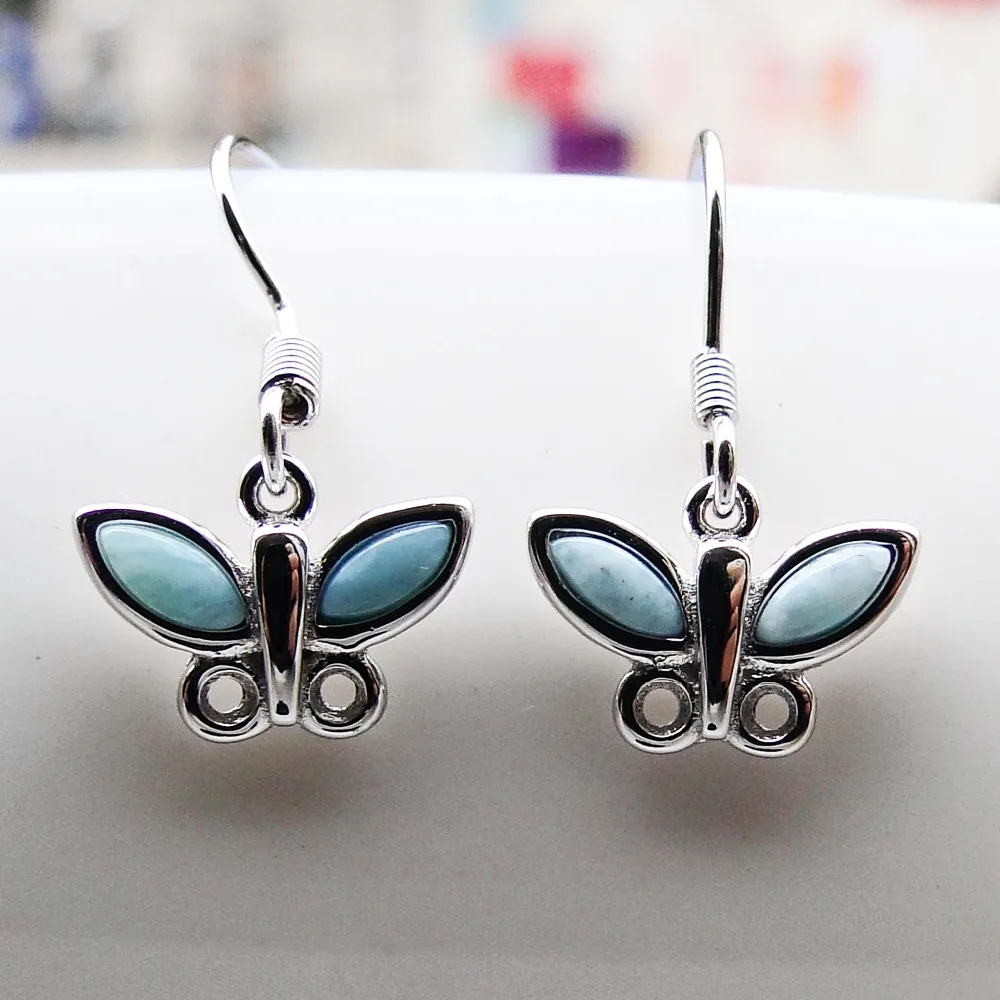 

Real Natural Larimar Jewelry Cute Small butterfly Dangle Earrings Fine Jewelry 100% 925 Sterling Silver Jewelry for Women Gift