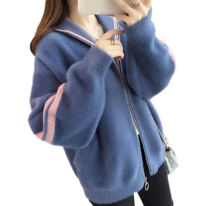 

2019 Autumn Winter Women Imitation Mink Fur Cardigan Sweaters Female Warm Short Hooded Long Sleeve Jacket Loose Knitted Coat A07
