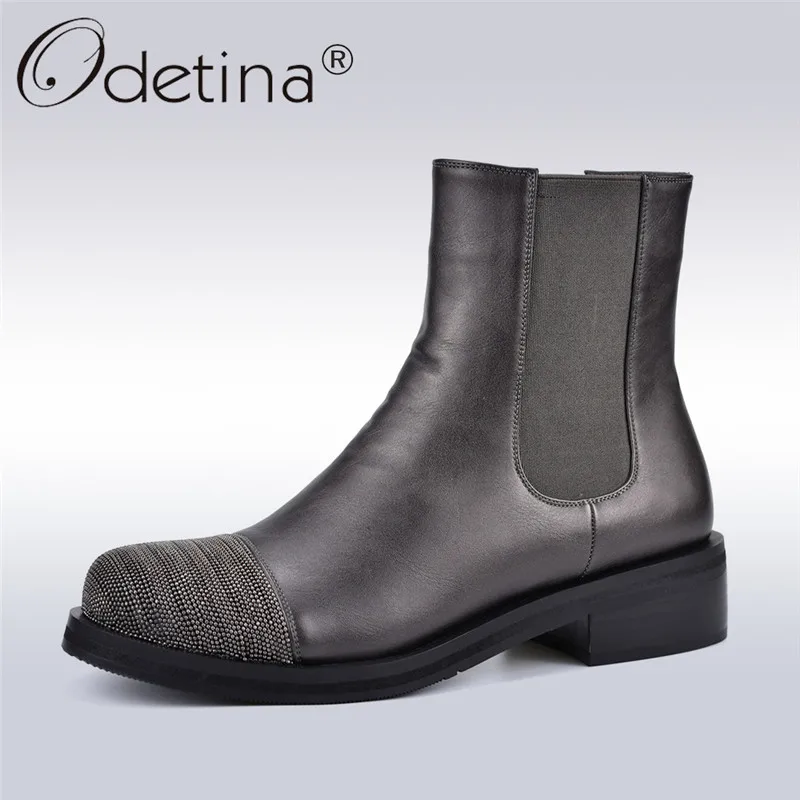 

Odetina Fashion Bottines Boots Chelsea Women Chunky Heels Metal Round Toe Slip On Female Elastic Boots Ankle Boots Autumn Winter