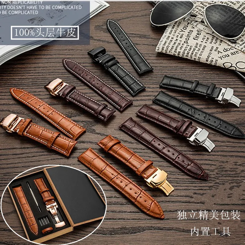 

Leather Watch Band Strap Butterfly Deployant Buckle 12 14 16 18 19 20mm 22mm 24mm Polished Metal Clasp Watch