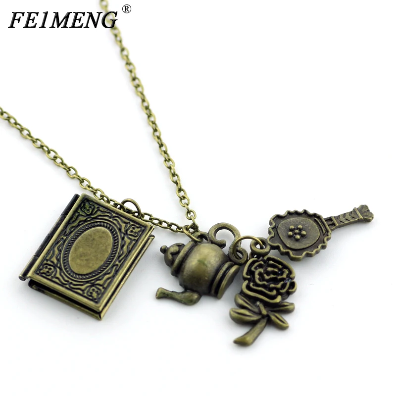 

Beauty and the Beast Necklace Retro Phase Box Mrror Rose Flower Kettle Pendant Necklaces For Women Fashion Jewelry Choker Collar