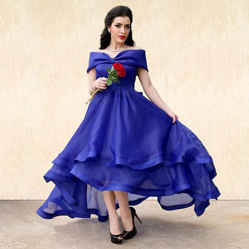 

2017 New Arrival Royal Blue Long Arabic Style Evening Dress Short off the shoulder Front Long Back Tiered Formal Evening Dresses
