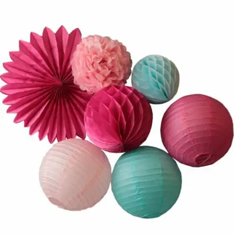 

7pcs Party Decoration Set Hanging Paper Fan,Paper Lanterns,Honeycomb Ball,Tissue Paper Pom Pom Wedding Decor Pink Fuchsia Blue