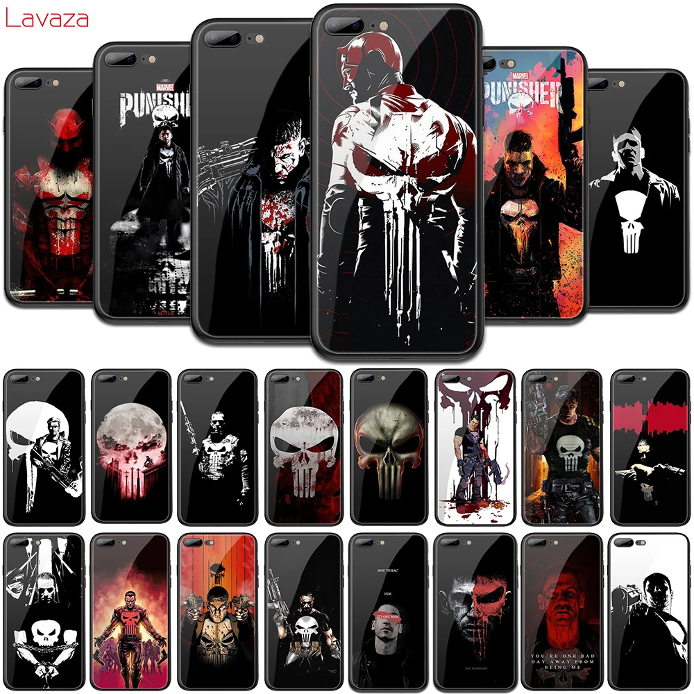 

Lavaza Comic schwarz punisher Anime Tempered Glass Soft Cover for iPhone 6 6S 7 8 Plus 5 5S SE XR X XS 11 Pro MAX Case