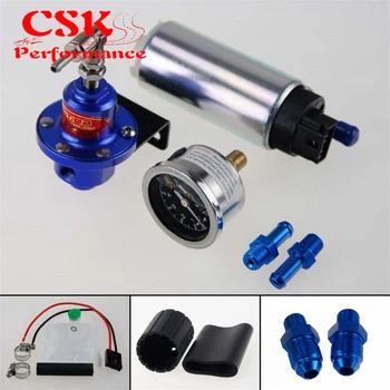 

255 LPH EFI Fuel Injection Pump/Tank +140 PSI Pressure Regulator+Oil Gauge Kit Black/Blue/Red