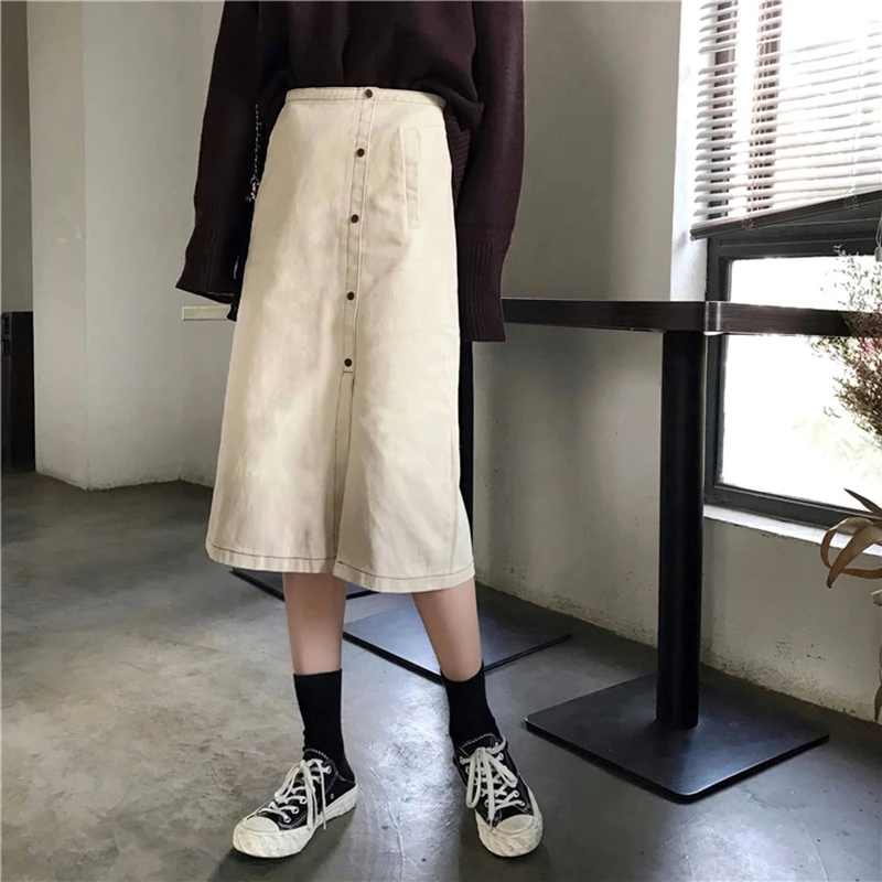 New Beige Denim Skirts Womens Summer High Waist Single breasted Split ...