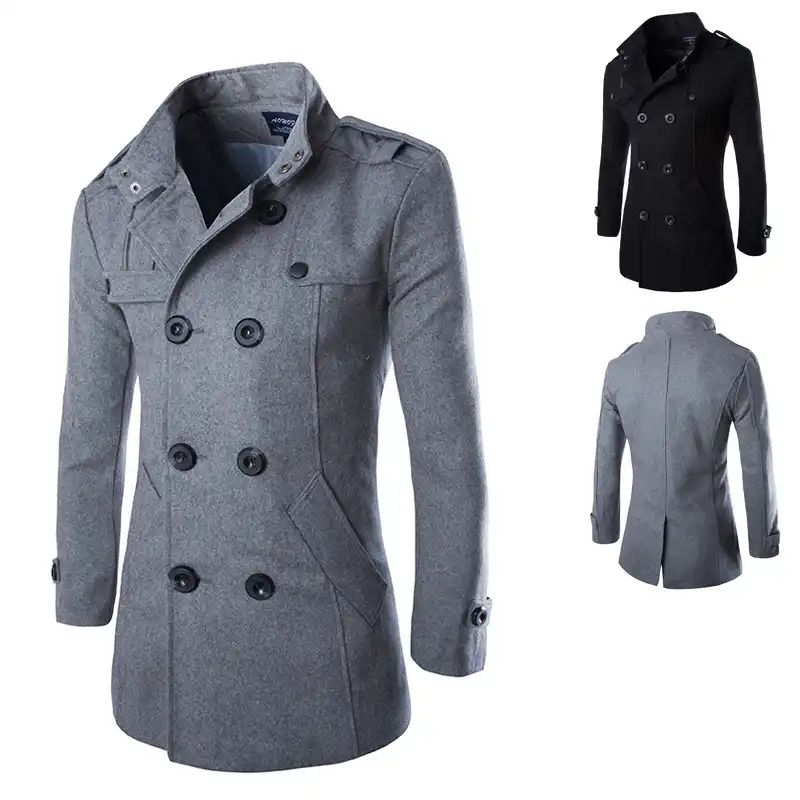 double breasted slim hoodie solid casual long pea coat with belt