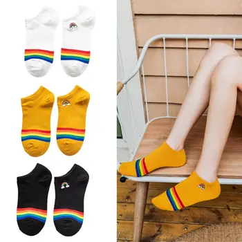 

Women Teen Girls Summer Thin Harajuku Cotton Short Ankle Boat Socks Lady Sunny Rainbow Embroidery Skateboard Non Slip Hosiery