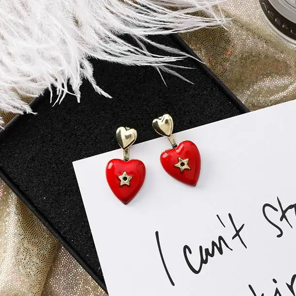 

MENGJIQIAO 2018 New Arrival Vintage Red Stone Big Heart Drop Earrings For Women Fashion Temperament Boucle D'oreille Pendientes