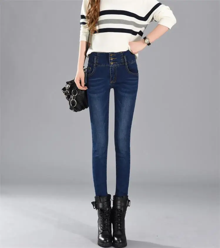 Зимние черные расклешенные джинсы, джинсы для женщин в стиле бойфренд, брюки, плотные теплые обтягивающие джинсы для женщин с высокой талией, узкие брюки - Цвет: Dark Blue