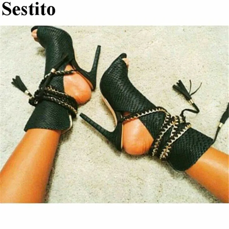 

Sexy Fish scale Ankle Strap Chain Fringe Casual Sandals Peep Toe Super High Thin Heels Women Sandals Summer Lace-up Women Shoes