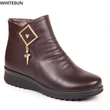 WHITESUN 2017 winter boots women split leather antiskid rubber bottom snow shoes women wedge ankle boots plus size snow boots