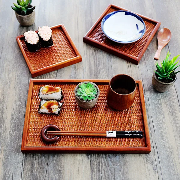 

High Quality Japan Zakka Style Handmade Wood Rattan Fruit Tray Bowls Mats Rectangle Pot Tea Mug Cup Plate Drink Mat Placemat