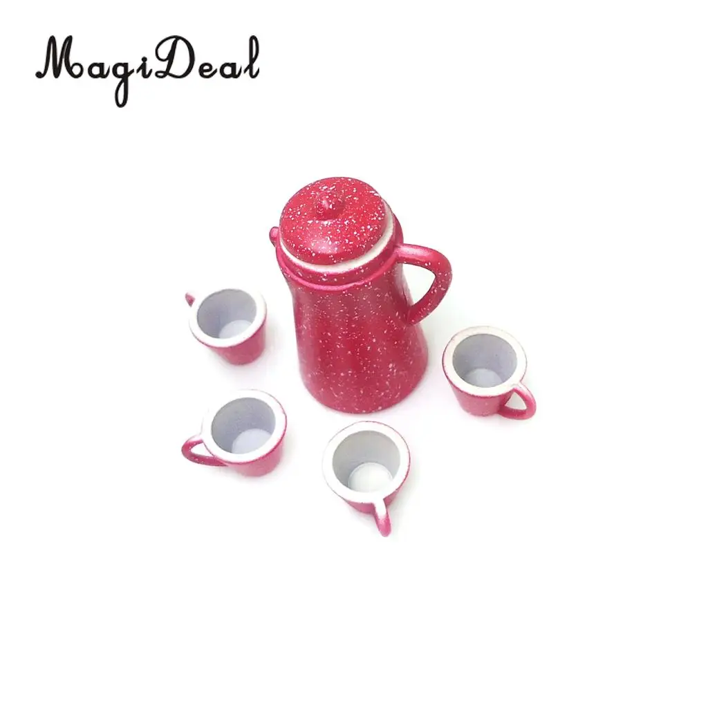 5Pcs/Set 1:12 Dollhouse Miniature Red Porcelain Pot Kettle Cups Coffee Tea Milk Set Restaurant Kitchen Tabel Decor Model Toy