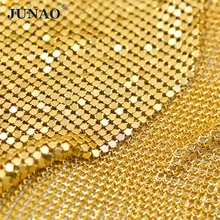 Фотография JUNAO 45*150cm Gold Color Aluminum Mesh Metal Trim Rhinestones Beads Applique Strass Banding Crystal Stones for Dress Clothes