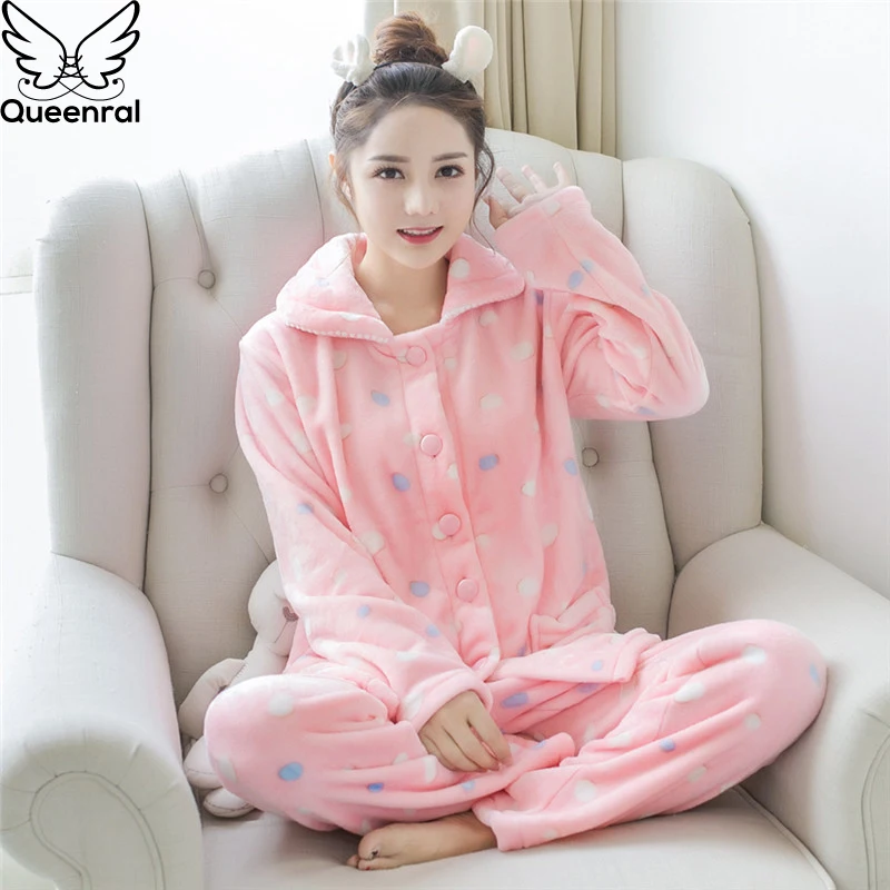 

Queenral Warm Pajamas Set For Autumn Winter Sleepwear Suit Thick Warm Flannel Nightgown Homewear Long Pant Set Home Clothes